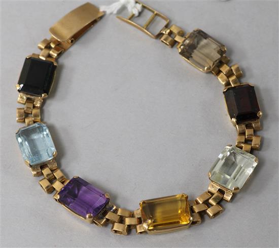 A Brazilian gold and multi gem set bracelet, 6.5in.